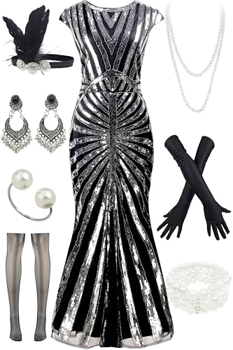 Image of Women Evening Maxi Long Dress 1920s Sequin Mermaid Hem Wedding Prom Gown Costume w / 20s Gatsby Accessories Set