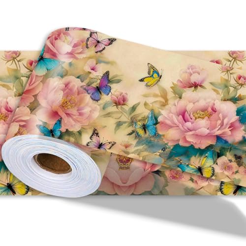 PRESSINART Frontière de Papier Peint Floral Vintage 196.9 x 3.9 Pouce Bordure Murale à Peler et Coller Pivoine Papillons PVC Moulures Décoratives...