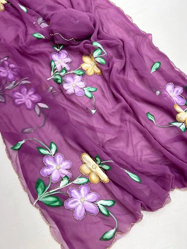 Image of Arkia Women's Yellow Floral Hand Painted Hand Embroidered Cut Work Chiffon Saree with Blouse Piece