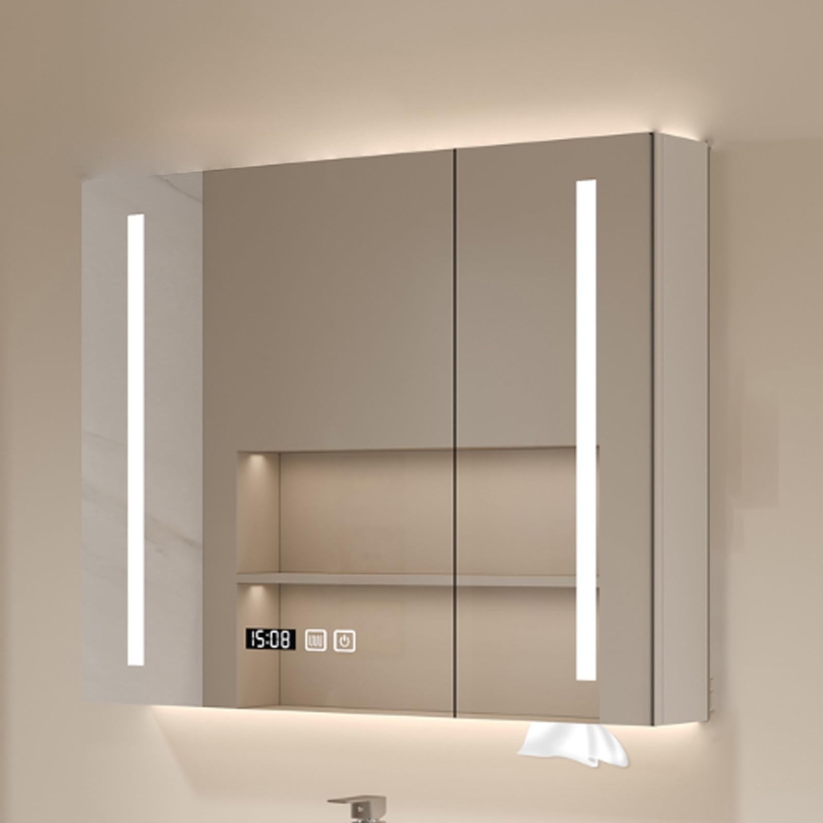 Armario de Pared Rectangular Antivaho,armario espejo baño con led luz tricolor,Gabinete De Espejo De Tocador De Baño Montado En La Pared,armario espejo baño led Con agujeros de papel,tiempo temperatur
