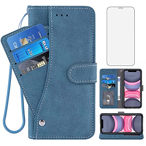 Compatible with iPhone Xs X 10 10s Wallet Case and Tempered Glass Screen Protector Flip Purse Cover Card Holder Lanyard Cell Phone Cases for iPhoneX iPhoneXs iPhone10 i PhoneX SX 10x 10xs X’s Blue