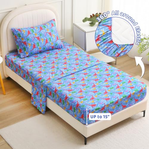 Image of Viviland 3 Pieces Boys Dinosaur Twin Sheet Set - Soft Microfiber Fitted Flat Sheets & Pillowcase Bed Sheet Set - Blue Forest Dinosaur Print Bedding Sets for Kids