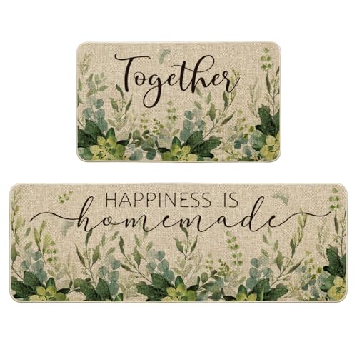 Artoid Mode Eucalyptus Together Spring Kitchen Mats Set of 2, Summer Home Decor Low-Profile Kitchen Rugs for Floor - 17x29 and 17x47 Inch