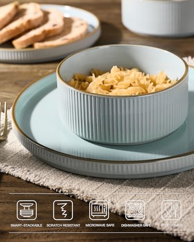 Image of Famiware Plates and Bowls Set with Rim, Stoneware Dinnerware Sets for 4 | 12-Piece Ceramic Dishes, Lipped Edges, Chip & Scratch Resistant, Microwave & Dishwasher Safe, Everyday Formal Use, Light Blue