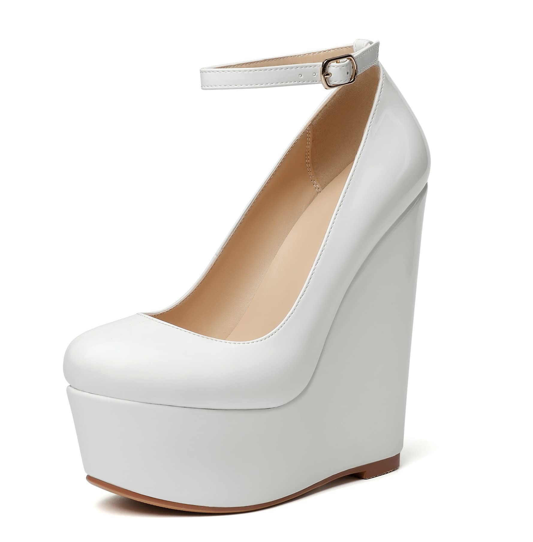 YODEKS Wedges for Women Closed Round Toe Ankle Strap Platform High Heel Wedge Pumps 6 Inches Dress Shoes