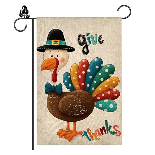Thanksgiving Happy Turkey Garden Flag 12x18 Inch Double Sided Burlap, Harvest Blessing Give Thanks Small Yard Flag,Weather Resistant Vertical Fall Garden Flags For Outside Decorations