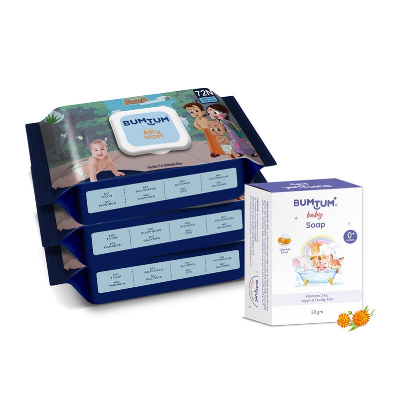 Image of Bumtum Chota Bheem Gentle Soft Moisturizing Wet Wipes With Lid - 216 Pcs.(Pack of 3) & Baby Soap 50 Gram (Pack of 1) Combo
