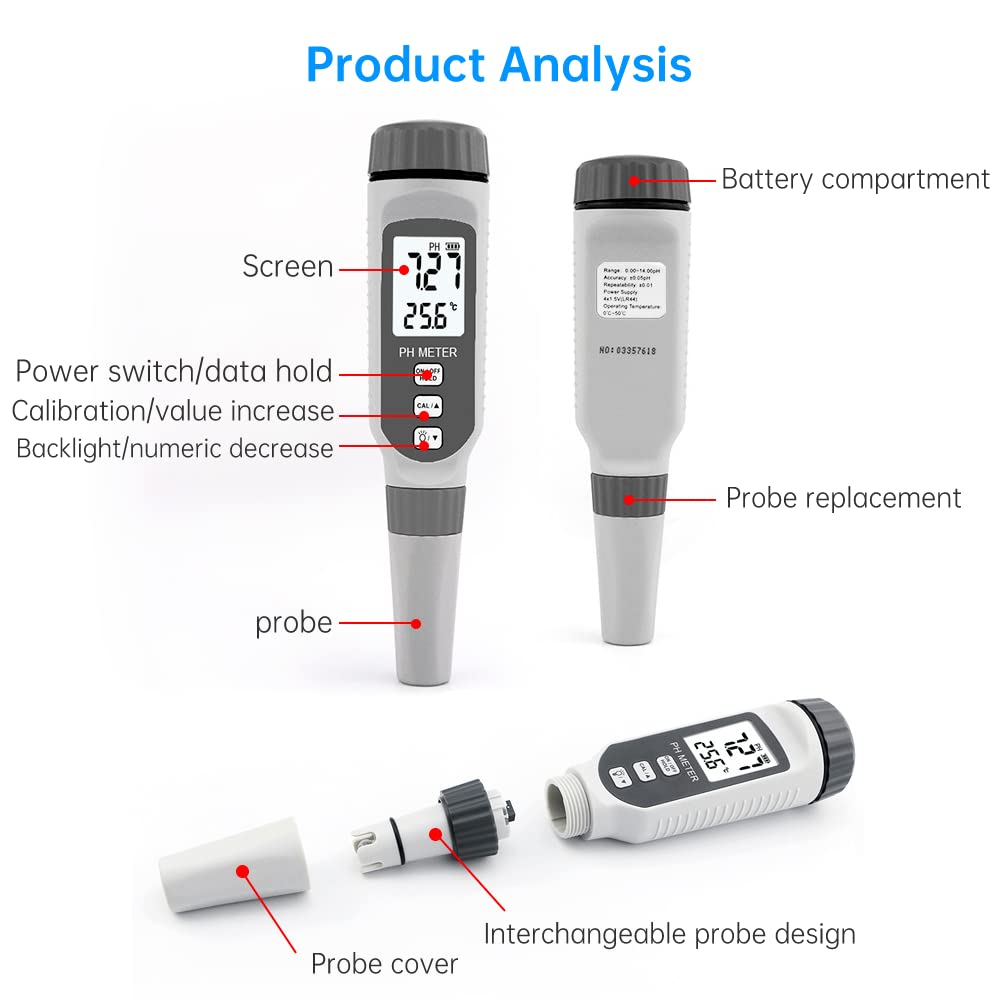 Medidor de PH, Medidor de calidad de agua digital portátil de mano, con pantalla LCD grande, 0.00-14.00Ph, para la prueba de pH del agua del acuario de la piscina de consumo doméstico