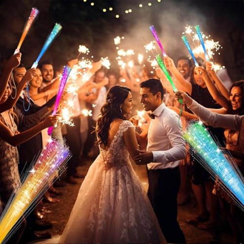 28 Pcs LED Party Lights Hora Loca Fiber Optic Wands Sparkler Firework Sticks Neon Light Up Wands Bulk for Adult & Kid Glow in The Dark Party Supply Toy Flame Rave Magic Decoration Wedding Holiday