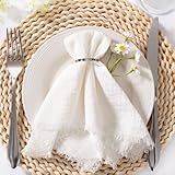 MLMC 6 Pack Ivory White Cloth Napkins with Fringe Boho Linen Napkins Washable Reusable Rustic Dinner Table Decor 17'×17' for Wedding Party Bridal Baby Shower Christmas Home Decor