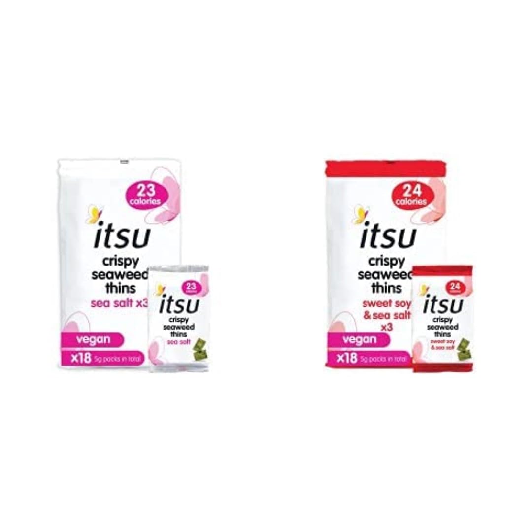 Crispy Seaweed Thins Healthy Snack 10g Multipack Bundle (Pack of 36) Sea Salt & Sweet Soy + Sea Salt