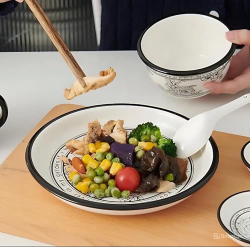 Image of Ceramic Dinner Plates Set of 4, 20.5 cm Black & White Floral Printed Plates, 4 cm Deep, Premium Tableware for Dining, Snacks, Desserts & Everyday Use (Black & White Floral, Pack of 4)
