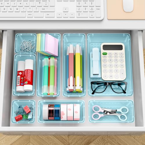 Image of ElegantArray 12-Piece Drawer Organizer Set, 4 Sizes Versatile Plastic Vanity Organizer for Makeup, Stationery, Gadgets, in Kitchen, Bathroom, Office, and Bedroom, Sea Blue