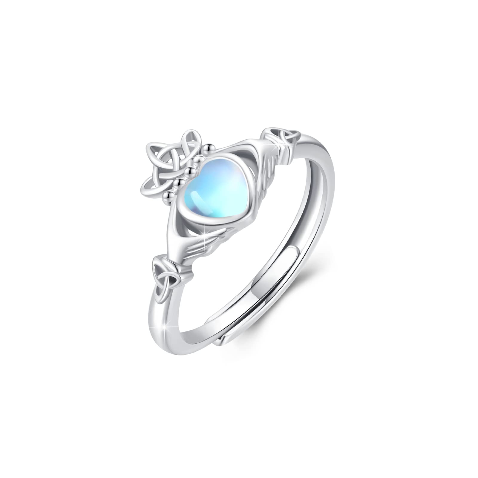 Claddagh Ring Damen 925 Sterling Silber Mondstein Irischer Ring Claddagh Herz Ringe Verstellbar Offener Ringe Geschenk Schmuck für Damen