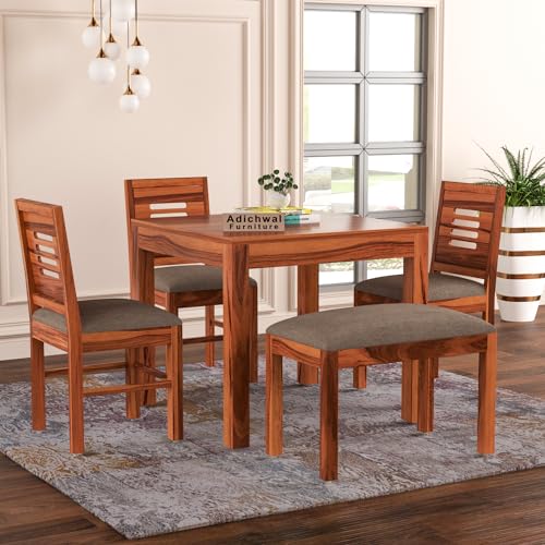 Image of Solid Sheesham Wood 3 Chair with 1 Bench Dining Table Set with Cushioned Chairs for Dining Room | Living Room | Home & Office | Hotels (4 Seater with Bench, Honey)