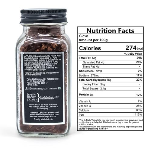 Image of ArtOspices Premium Whole Cloves (Laung / Grambu) 65g | Sourced from Idukki, Kerala | Strong Aroma & High Natural Oil Content | Handpicked & Fresh Dried | For Cooking, Baking, Chai & Wellness | Glass Jar