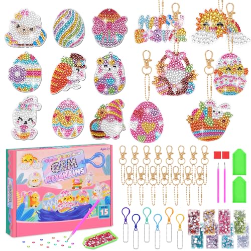 Zoyomax Colgantes de pintura de diamantes de Pascua, 15 unidades, 5D de doble cara, llaveros para niños, kit de manualidades de conejo, kit de pintura de diamantes de Pascua para decoración de Pascua