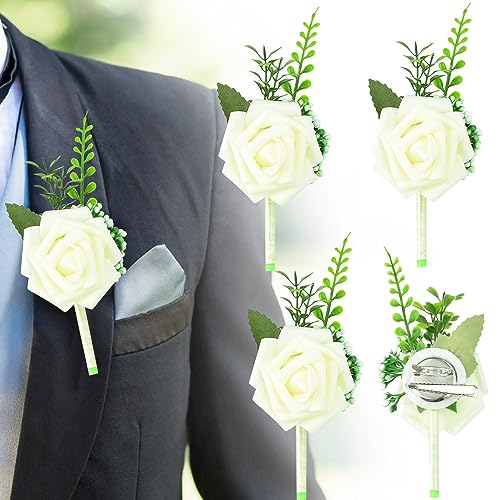 LIMITADA Ramillete Novio Boda Boutonniere Novio, 4 Piezas Ramillete de Flores para Boda Blanca...