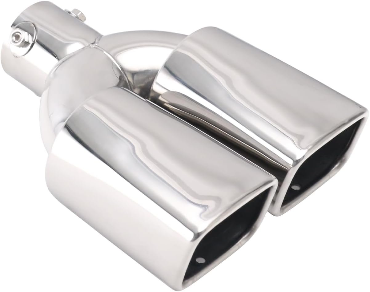 Dual Square Exhaust Tips 2.5" Inlet 3.4" Outlet 9.5" Length - Threaded Rolled Edge Polished Stainless Steel Tips with Drain Holes for Enhanced Style & Durability
