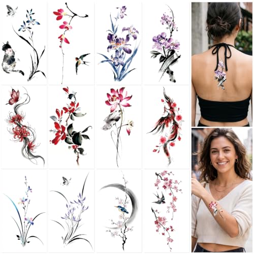 AIRNOGO 12 Sheets Temporary Tattoos for Women, Aesthetic Watercolor Flower Tattoos for Women & Teen Girls, Waterproof Realistic Flower Temporary Tattoo Stickers for Body Art, Arm, Spine, Hand, Leg etc