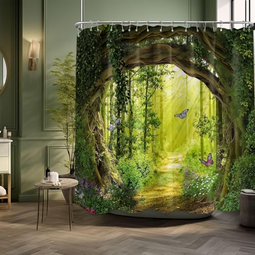 QGHOT Extra Wide Shower Curtain for Clawfoot Tub, 108x72 Inch, Spring Forest Nature Green Pattern...