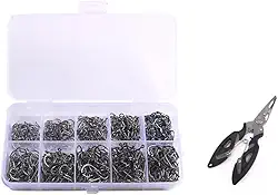 Kit de Anzóis de Pesca, 600 Peças em 10 Tamanhos, com Alicate Removedor, Caixa Organizadora