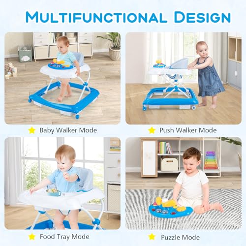 Image of BABY JOY Baby Walker, 4 in 1 Foldable Activity Walker with Adjustable Height, Music, Lights, Anti-Rollover Toddler Push Walker, Baby Walker with Wheels for Boys Girls 7-14 Months (Blue)