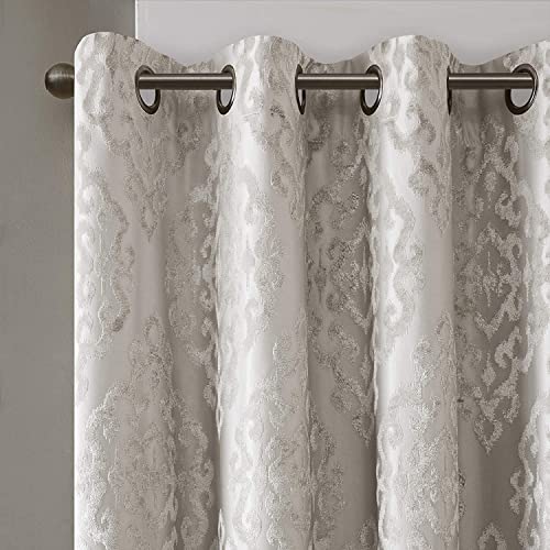 Sun Smart Mirage 100% Total Blackout Single Window Curtain, Knitted Jacquard Damask Room Darkening Curtain Panel With Grommet Top, 50 X 84 In, Silver #TOP1