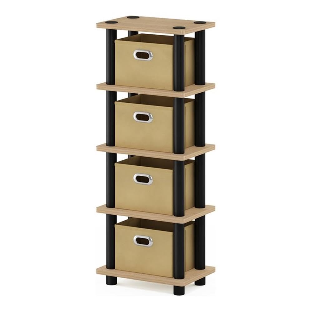 Furinno TURN-N-TUBE Storage Shelves, 4-Tier Toolless Narrow Book Shelf with Storage Bins, for Organization and Storage, Living Room, Garage, Home Office, Oak
