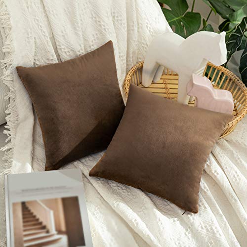 Image of MIULEE Pack of 2 Velvet Pillow Covers Decorative Square Pillowcase Soft Solid Cushion Case for Sofa Bedroom Car 12 x 12 Inch Chocolate