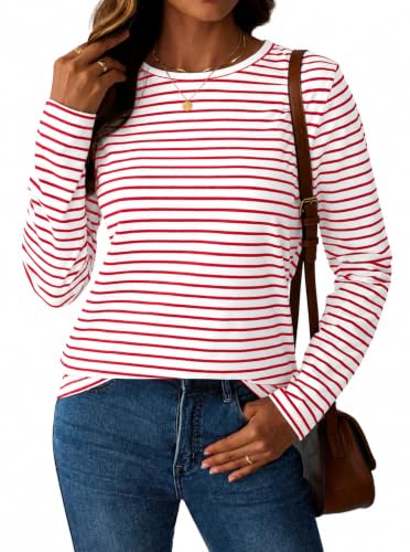 LilyCoco Womens Striped Long Sleeve Shirt Boat Neck Tops Breton Loose fit Tshirt Red White Large