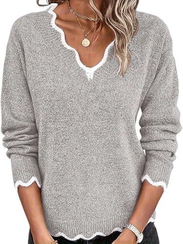 Binding V Neck Long Sleeve Sweater Jumper Tops Women's Classic-Fit Pullover Sweater
