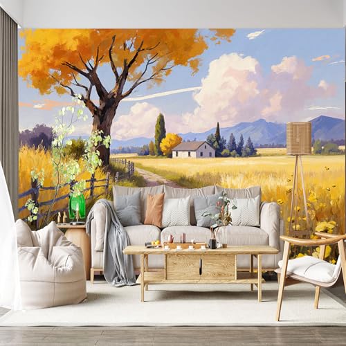Carta da parati autoadesiva in tessuto rimovibile, formato personalizzato, in tessuto autunnale, campagna, casale, sentiero panoramico, campi, strada di campagna, decorazione per la casa per soggiorno