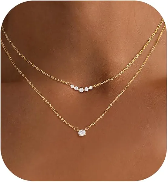Layered Necklaces for Women,Dainty 14k Gold Plated Choker Necklace Stack Trendy Simple Diamond Pendant Necklace Set for Women Non Tarnish Cute Layering Cubic Zirconia Necklace Fashion Waterproof Jewelry for Women