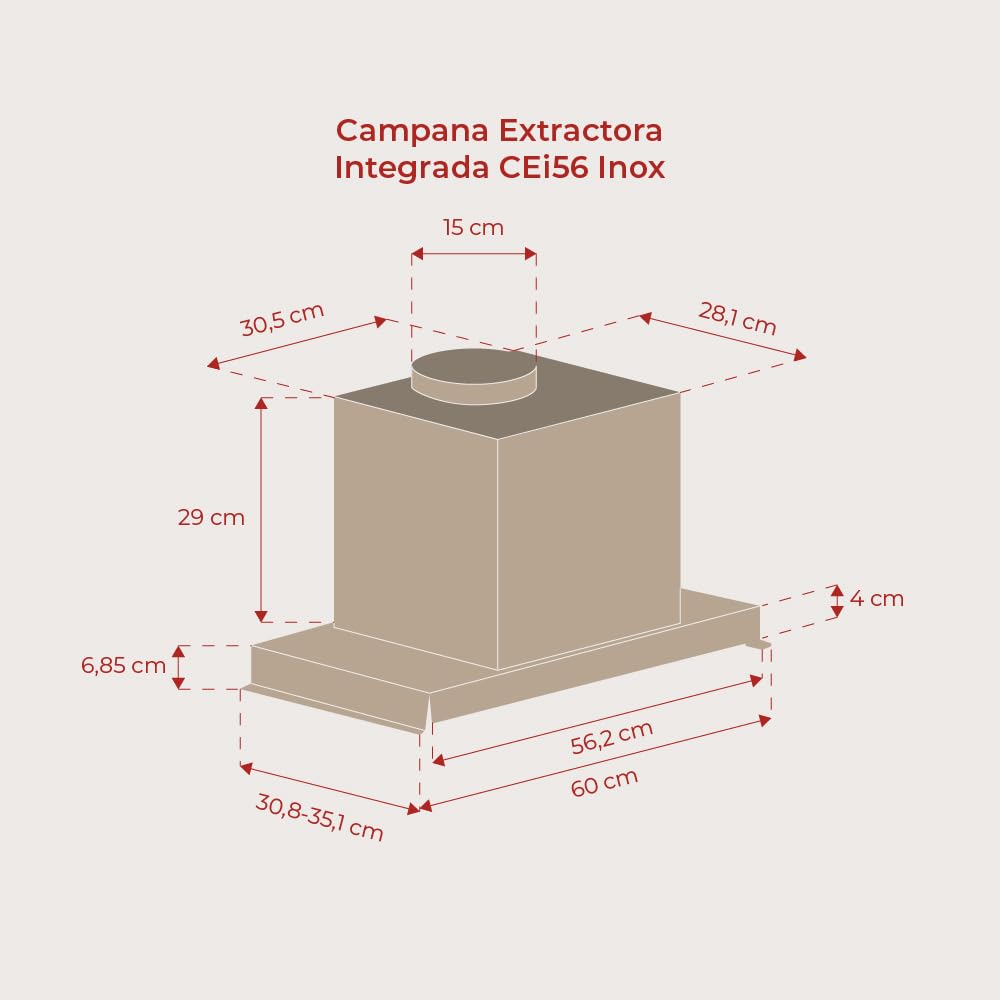 EVVO CEi56 Inox - Campana Extractora 60 cm Integrable, Clase A+++ Máxima Eficiencia, Succión 875 m3/h, Motor 200W - Extractor de Cocina Táctil con Filtro Carbón Activo y Aluminio, Temporizador, Inox