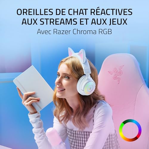 Razer Kraken Kitty V3 Pro - Casque Gaming sans Fil RGB Kitty - Oreilles de Chat réactives pour Le Streaming - Membrane Triforce 40 mm, Hyperspeed Wireless et Bluetooth, THX Spatial Audio | Blanc
