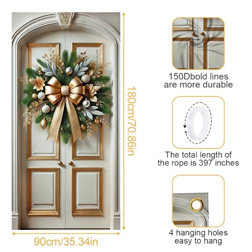 Image of Gold Bow Pine Branch Silver Ball Christmas Door Cover 35x71in