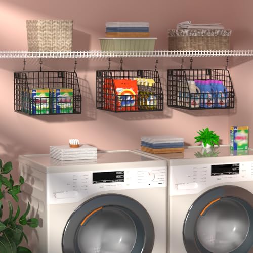 Image of PUPPYCUTE Larger & Deeper Hanging Storage Basket, Closet Organizers and Storage, Hanging Shelves Wire Baskets for Clothing Sweaters Purse Handbags Shoes Black 3 Tier