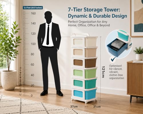 Image of Heavy Duty Plastic Storage Drawer with Wheels | Modular Cabinet for Bedroom, Office, Home or Classroom| Chest of Drawers Organiser for Cosmetics, Kitchen items, Toys (Multicolor, 7)