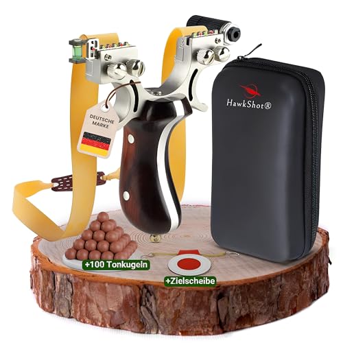 HawkShot® Profi Stahl Steinschleuder ARC-Slinger PRO mit verstärktem Massivholzgriff/Zwille