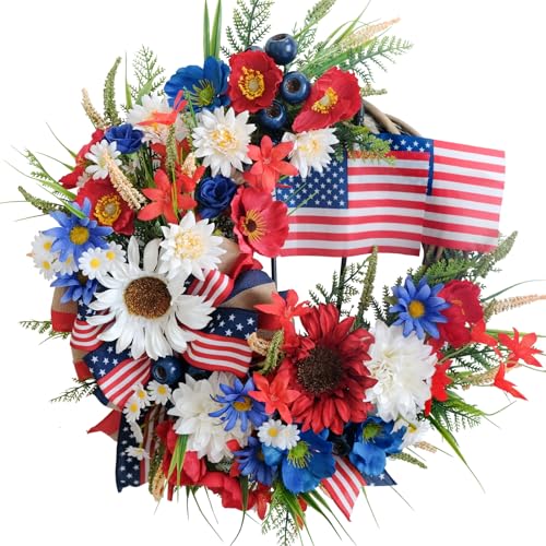 vivimemo 22-inch Fourth of July Independence Day Wreath Red White Blue Artificial Daisy Flowers Flag Wreath Handcrafted Memorial Day Decoration Front Door Indoor Outdoor Office Decoration