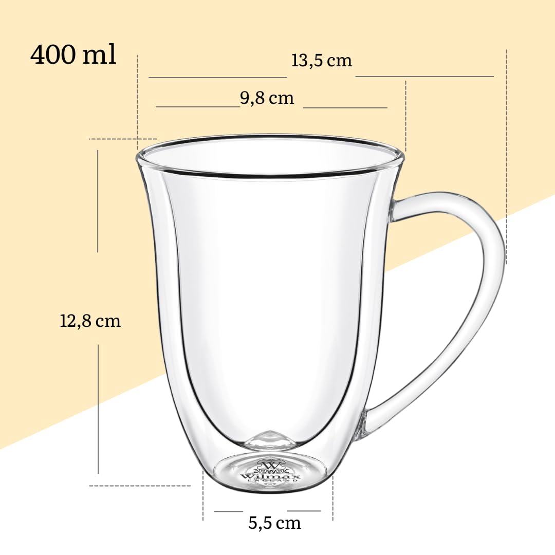 Wilmax - Thermogläser mit Henkel - 6er Set - 400ml - Doppelwandige Gläser für Wasser, Tee, Kaffee - Teegläser & Kaffeegläser - Becher für Heiß- und Kaltgetränke - Spülmaschinenfest