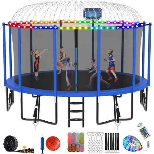 DeepRoar Tranpoline for Kids and Adults, 1500LBS 16FT 15FT 14FT 12FT 10FT 8FT Tranpoline with Basketball Hoop, Safety Enclosure Net, Heavy Duty Tranpoline with Light, Sprinkler, Socks, ASTM Approved