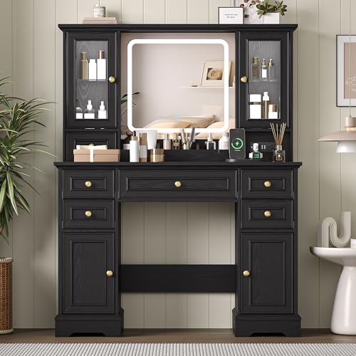 Image of Makeup Vanity Desk with Mirror and Lights, Farmhouse Vanity Table Set with 6 Drawer&Charging Station, Makeup Desk with RGB Cabinets, Black Vanity with Lighted Mirror for Girls Women, 3 Light Modes