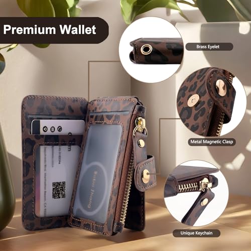 Image of M-Plateau RFID Blocking Small Wallet for Women, Phone Wallet with Snap Closure, Zipper Pocket, Adhesive Sticker, RFID Blocking, Kickstand, 6 Card Slots, Leopard Print, Leather