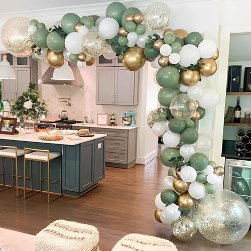 GIHOO 137PCS Sage Green Balloon Garland Arch Kit White Gold Confetti Balloons Retro Green Balloon and Gold Metallic Chrome Latex Balloons for Wedding Birthday Baby Shower Decorations