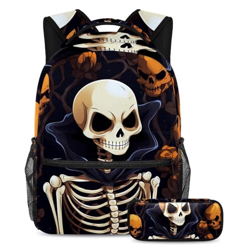 Sac à dos avec trousse à crayons crâne orange cool pour l'école et voyage