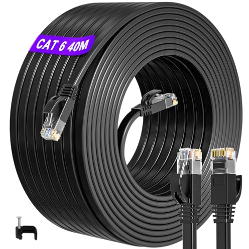 ikbc Cable Ethernet 40 metros, Cat 6 Cable de Red 40m Alta Velocidad, Plano Cable Lan RJ45 Exterior Interior, Gigabit Cable de Internet 40 metros Negro para Rúter (40 Clips)