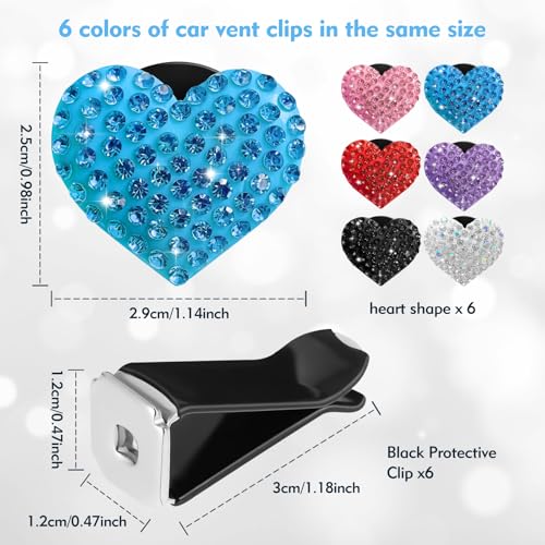 Image of 6-Pack Bling Rhinestone Car Vent Clips, Heart-Shaped Sparkle Air Freshener Decor for Women, Universal Fit for Cars, SUVs, Trucks (White, Pink, Red, Black, Purple, Blue)