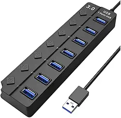 Hub USB 3.0 Com 7 Portas, Cabo USB Integrado, Botão Liga e Desliga Individual, LED de Sinalização, Conexão de Alta Velocidade (5Gbps), Compatível Com PC, Notebook, TV, Console, Tablet e Video Game